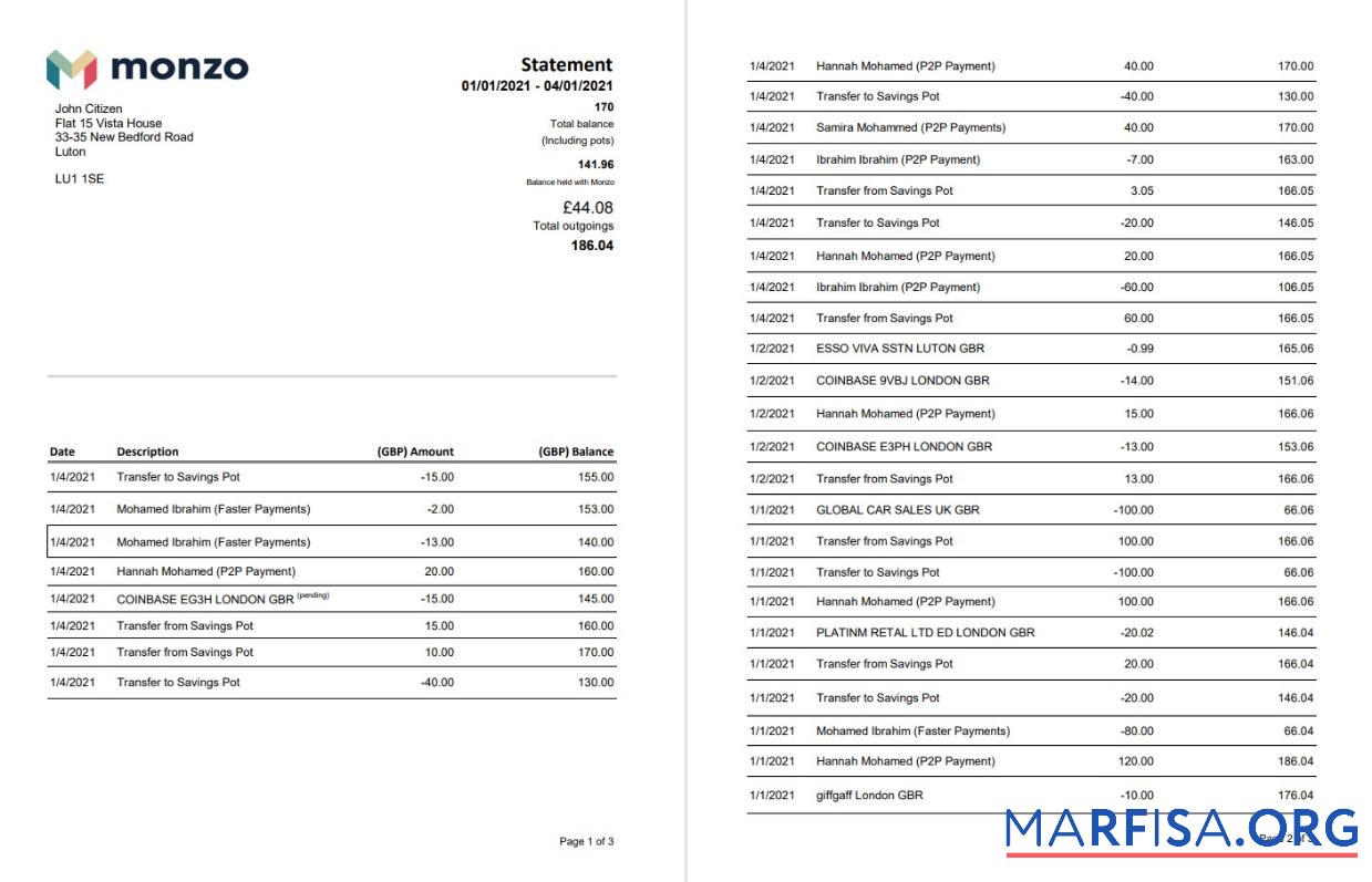Realistic United Kingdom Monzo bank statement excel (3 pages) template
